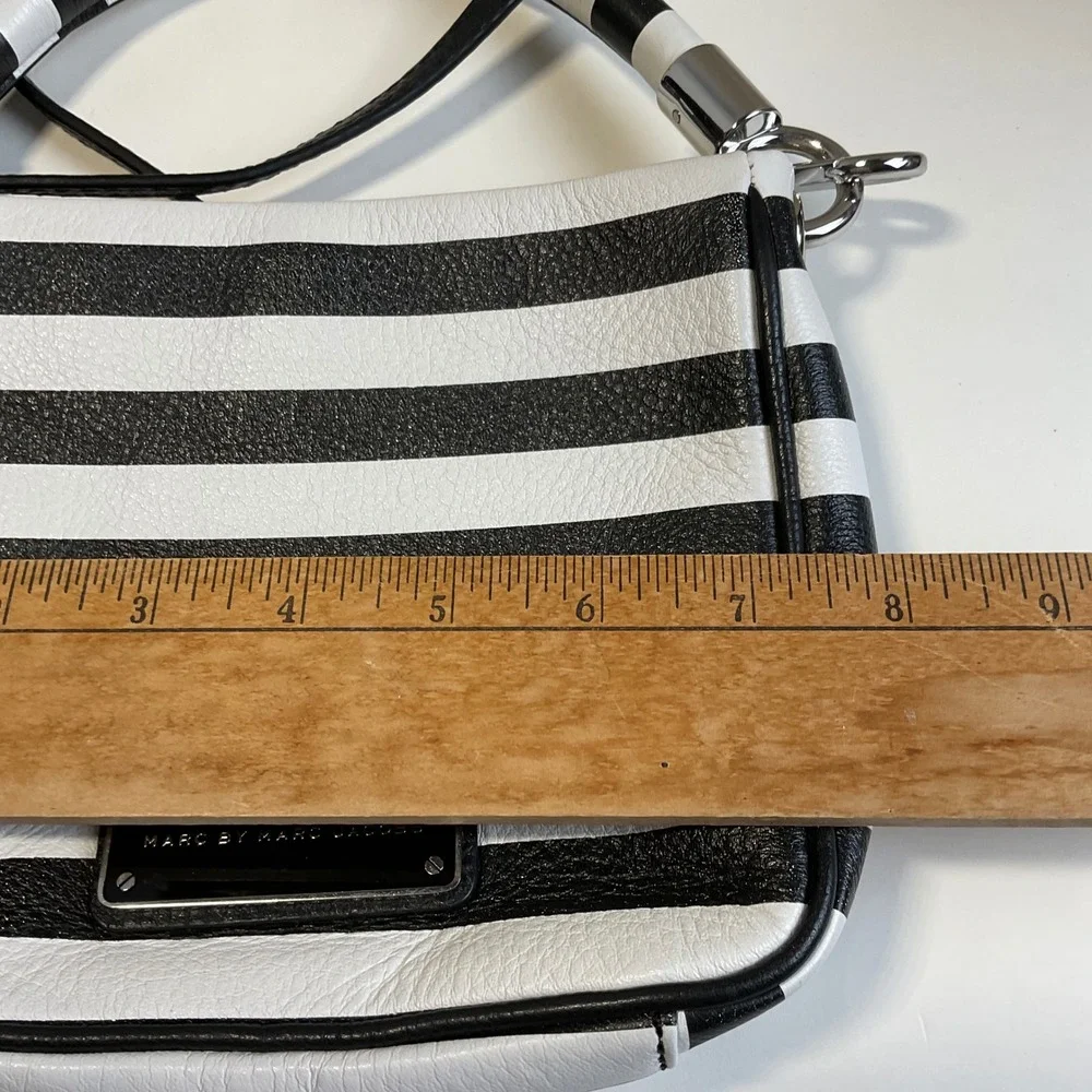 Marc by Marc Jacobs Black White Striped Leather Crossbody Top Handle Bag